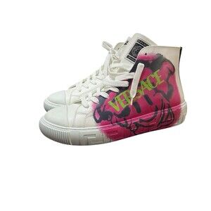 Versace Medusa Graffiti High Top Sneakers White Pink Green Logo Men’s Sz 44/11